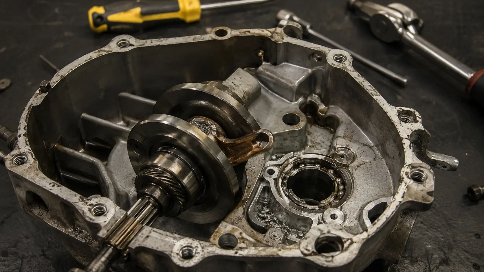 Illustratiebeeld van een geopend D50B0-achtig motorblok met zichtbare lagerschade
